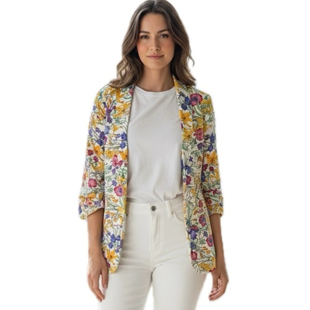 Milk & Honey Chiffon Blazer Jacket White & Colorful Floral Open Front L
